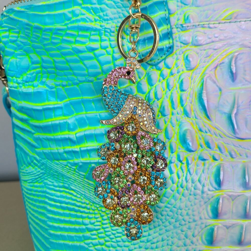 Colorful Peacock Crystal Rhinestone Gold Tone Metal Purse Charm and Key ring